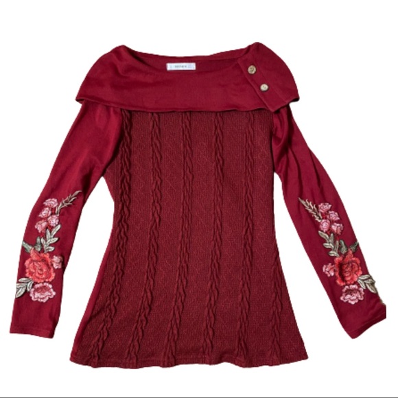 Dressfo Size 4 burgundy sweater with flowery details on the sleeves. - Picture 1 of 7